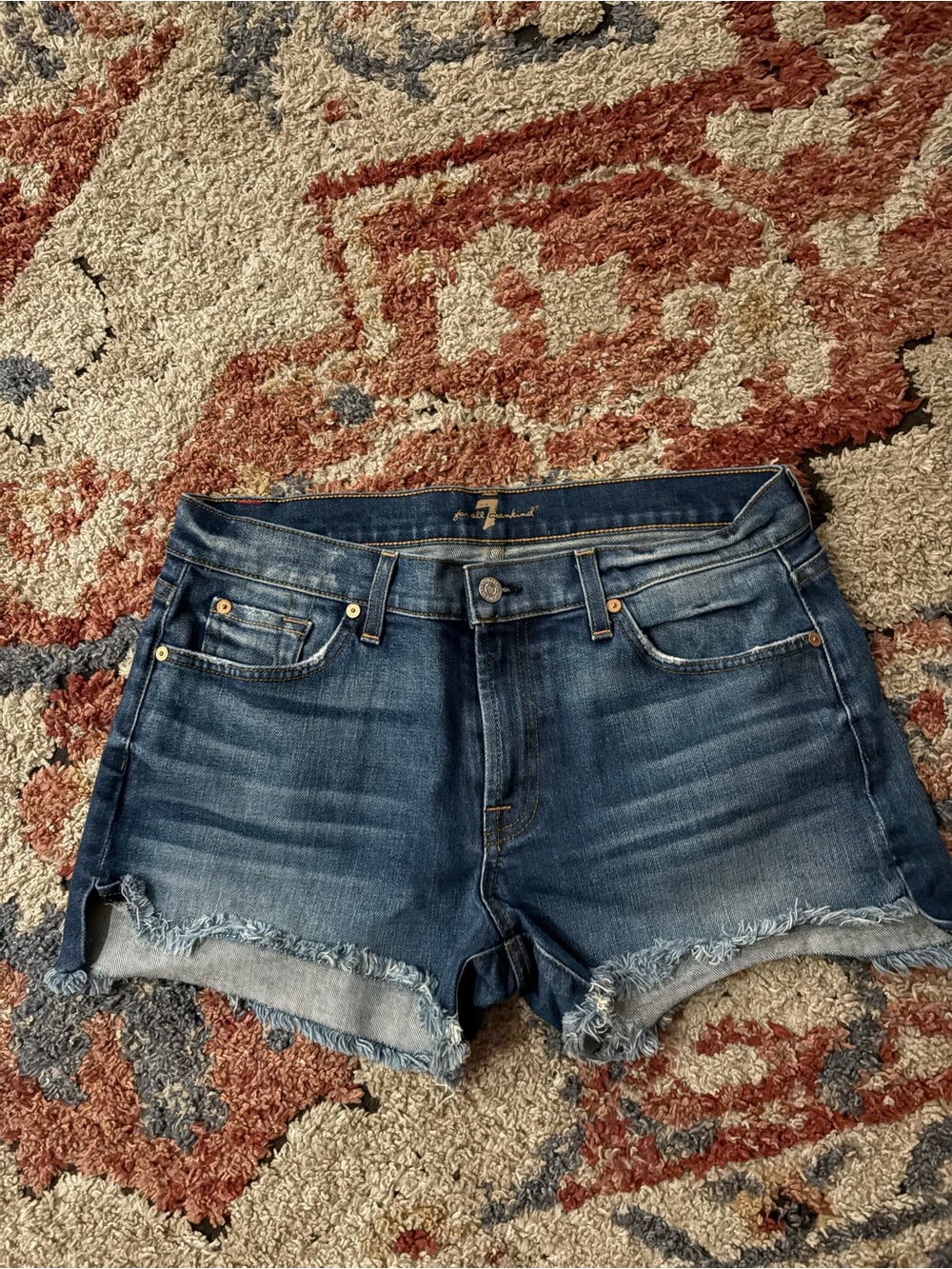 7 For All Mankind Dark Blue Frayed Hem Denim Shorts